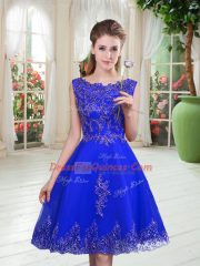 Custom Designed Royal Blue Tulle Lace Up Scoop Sleeveless Knee Length Homecoming Dress Beading and Appliques