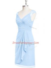 Custom Design Cap Sleeves Chiffon Knee Length Zipper Prom Dresses in Light Blue with Appliques and Ruching