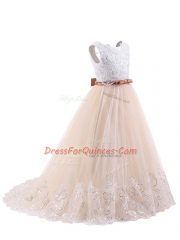 New Style Scoop Sleeveless Flower Girl Dresses Lace Brush Train Zipper