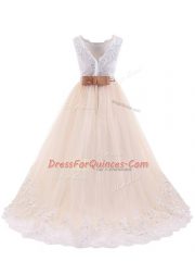 New Style Scoop Sleeveless Flower Girl Dresses Lace Brush Train Zipper