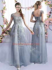 Colorful Tulle Scoop Cap Sleeves Lace Up Lace Dama Dress in Grey