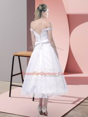 White Lace Criss Cross Strapless Sleeveless Tea Length Prom Gown Belt