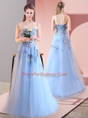 Cute Floor Length Blue Prom Evening Gown Tulle Sleeveless Appliques