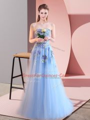 Cute Floor Length Blue Prom Evening Gown Tulle Sleeveless Appliques