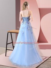 Cute Floor Length Blue Prom Evening Gown Tulle Sleeveless Appliques