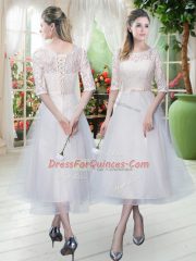 White Homecoming Dress Prom and Party with Lace Scoop Half Sleeves Lace Up