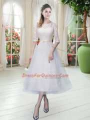 White Homecoming Dress Prom and Party with Lace Scoop Half Sleeves Lace Up