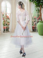 White Homecoming Dress Prom and Party with Lace Scoop Half Sleeves Lace Up