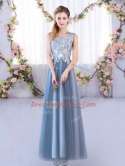 Gorgeous Blue Sleeveless Lace Floor Length Dama Dress