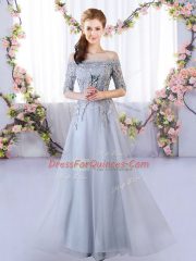 Traditional Half Sleeves Tulle Floor Length Lace Up Quinceanera Court Dresses in Grey with Appliques