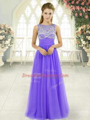 Flirting Lavender Empire Tulle Scoop Sleeveless Beading Floor Length Side Zipper Prom Party Dress