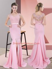 Custom Made Baby Pink Zipper V-neck Lace and Appliques Homecoming Dress Chiffon Sleeveless Sweep Train