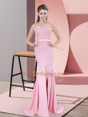 Custom Made Baby Pink Zipper V-neck Lace and Appliques Homecoming Dress Chiffon Sleeveless Sweep Train