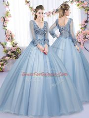 Best Blue Long Sleeves Tulle Lace Up Ball Gown Prom Dress for Military Ball and Sweet 16 and Quinceanera