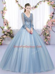 Best Blue Long Sleeves Tulle Lace Up Ball Gown Prom Dress for Military Ball and Sweet 16 and Quinceanera