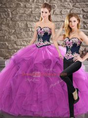Sleeveless Embroidery and Ruffles Lace Up Sweet 16 Dresses with Purple Sweep Train