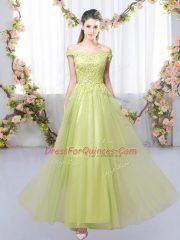 Super Yellow Green Empire Lace Dama Dress for Quinceanera Lace Up Tulle Sleeveless Floor Length