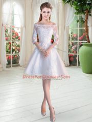 Deluxe Half Sleeves Lace Up Knee Length Lace and Appliques Prom Dresses