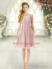 Elegant Ruching Prom Gown Pink Lace Up Sleeveless Knee Length