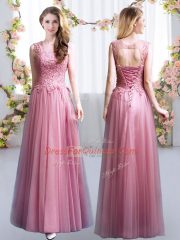 Modern Pink Lace Up Damas Dress Lace Sleeveless Floor Length