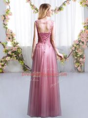 Modern Pink Lace Up Damas Dress Lace Sleeveless Floor Length