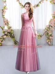Modern Pink Lace Up Damas Dress Lace Sleeveless Floor Length