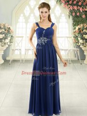 Blue Chiffon Lace Up Prom Party Dress Sleeveless Floor Length Beading and Ruching