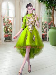 Yellow Green High-neck Zipper Appliques Prom Party Dress Half Sleeves