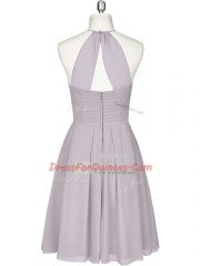 Classical Grey Empire Halter Top Sleeveless Chiffon Knee Length Zipper Ruching Prom Dress