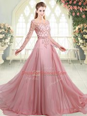Pink Scoop Neckline Beading Prom Gown Long Sleeves Zipper