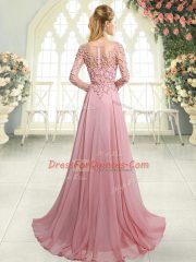 Pink Scoop Neckline Beading Prom Gown Long Sleeves Zipper