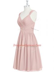 Pink Chiffon Lace Up Straps Sleeveless Mini Length Homecoming Dress Ruching