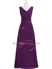 Custom Design Eggplant Purple Sleeveless Ruching Floor Length