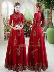 Dynamic Wine Red Empire Lace Womens Party Dresses Zipper Tulle 3 4 Length Sleeve Floor Length