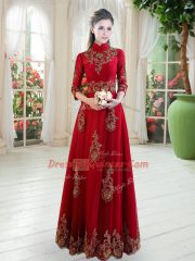 Dynamic Wine Red Empire Lace Womens Party Dresses Zipper Tulle 3 4 Length Sleeve Floor Length