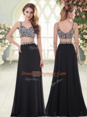 Simple Chiffon Straps Sleeveless Zipper Beading Evening Dress in Black