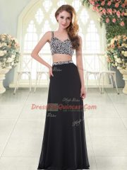 Simple Chiffon Straps Sleeveless Zipper Beading Evening Dress in Black