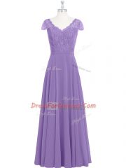 Enchanting Lavender Chiffon Zipper Teens Party Dress Cap Sleeves Floor Length Lace