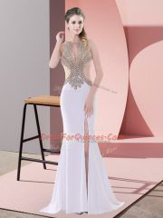 Discount White Homecoming Dress Chiffon Sweep Train Sleeveless Beading and Lace