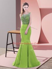 Satin Scoop Sleeveless Sweep Train Lace Up Beading and Lace Party Dresses in Green