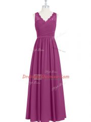 Fashionable Fuchsia Sleeveless Floor Length Lace and Ruching Backless Evening Dress