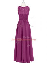 Fashionable Fuchsia Sleeveless Floor Length Lace and Ruching Backless Evening Dress