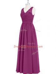 Fashionable Fuchsia Sleeveless Floor Length Lace and Ruching Backless Evening Dress