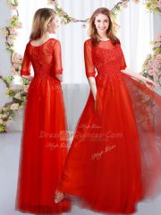 Stylish Floor Length Empire Half Sleeves Red Dama Dress for Quinceanera Zipper