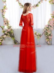 Stylish Floor Length Empire Half Sleeves Red Dama Dress for Quinceanera Zipper