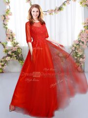 Stylish Floor Length Empire Half Sleeves Red Dama Dress for Quinceanera Zipper