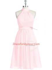 Discount Chiffon Sleeveless Knee Length Prom Gown and Ruching and Belt