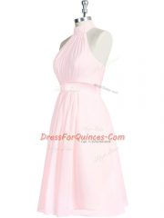 Discount Chiffon Sleeveless Knee Length Prom Gown and Ruching and Belt