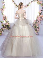 Fitting Sleeveless Tulle Floor Length Lace Up Sweet 16 Dresses in Grey with Ruffles