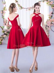 Red Satin Zipper Straps Sleeveless Knee Length Dama Dress Ruching